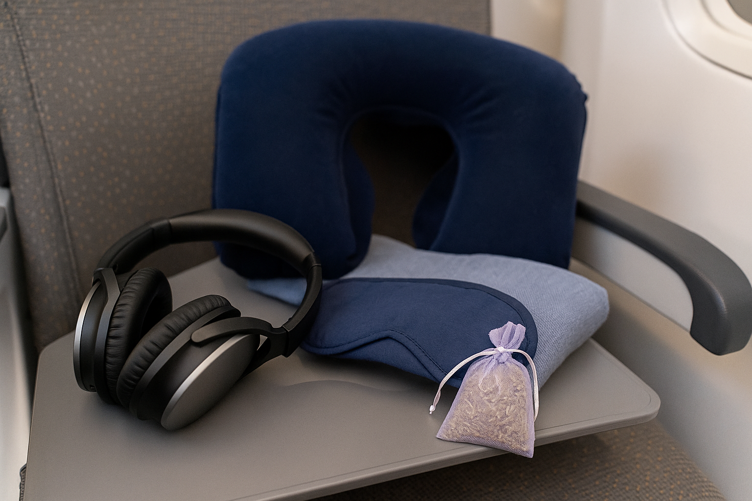 Kopfhörer, Schlafmaske, Lavendelsäckchen und Nackenkissen auf einem Flugzeugsitz oder Tisch.