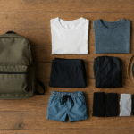 Minimalistischer Rucksack auf Holzboden, daneben sorgfältig gelegte 7 Kleidungsstücke