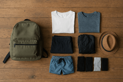 Minimalistischer Rucksack auf Holzboden, daneben sorgfältig gelegte 7 Kleidungsstücke