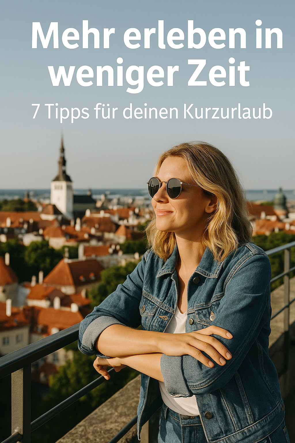 Eine junge Frau mit Rucksack blickt auf eine historische Altstadt bei Sonnenaufgang – bereit für einen kurzen Städtetrip.