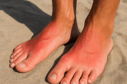 Zwei gebräunte Füße mit deutlich sichtbarem Sonnenbrand auf den Spannflächen, während sie auf einem Handtuch am Strand ruhen.