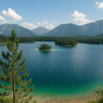 Ein ruhiger, klarer Badesee in Deutschland mit bewaldetem Ufer, einem kleinen Steg und Bergen im Hintergrund – ideale Kulisse für Sommerurlaub und Naturgenuss.