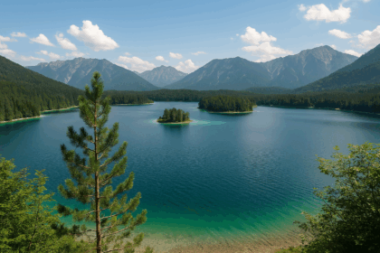 Ein ruhiger, klarer Badesee in Deutschland mit bewaldetem Ufer, einem kleinen Steg und Bergen im Hintergrund – ideale Kulisse für Sommerurlaub und Naturgenuss.