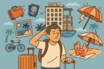 Illustration eines Reisenden, dessen Koffer in die falsche Richtung fährt, während er selbst fassungslos auf einem Bahnsteig steht – sinnbildlich für unerwartete Reisefails.