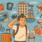 Illustration eines Reisenden, dessen Koffer in die falsche Richtung fährt, während er selbst fassungslos auf einem Bahnsteig steht – sinnbildlich für unerwartete Reisefails.