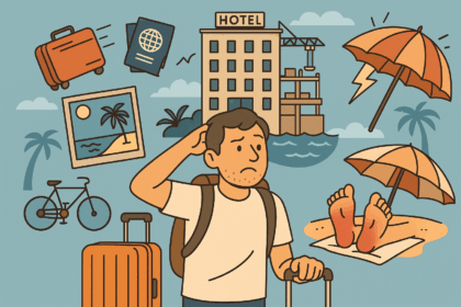 Illustration eines Reisenden, dessen Koffer in die falsche Richtung fährt, während er selbst fassungslos auf einem Bahnsteig steht – sinnbildlich für unerwartete Reisefails.