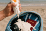 Eine Hand hält eine Tube Sonnencreme, aus der der Inhalt über die Finger und Tasche läuft – ein realistischer Urlaubsfail im Sommer.