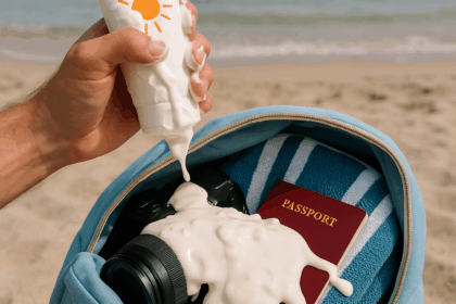 Eine Hand hält eine Tube Sonnencreme, aus der der Inhalt über die Finger und Tasche läuft – ein realistischer Urlaubsfail im Sommer.