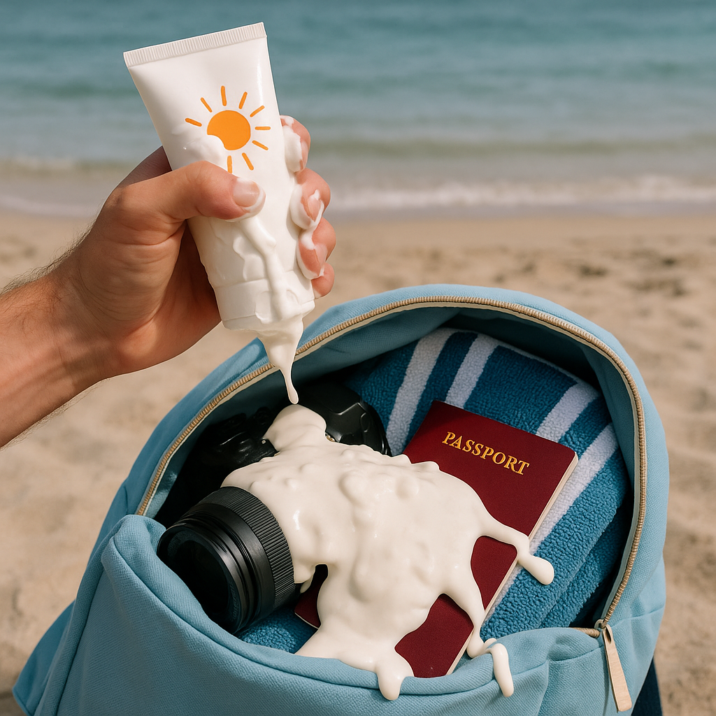Eine Hand hält eine Tube Sonnencreme, aus der der Inhalt über die Finger und Tasche läuft – ein realistischer Urlaubsfail im Sommer.