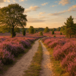 Weite Heidelandschaft mit violetter Blüte und sandigem Wanderweg unter blauem Himmel in der Lüneburger Heide