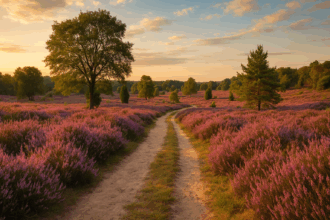 Weite Heidelandschaft mit violetter Blüte und sandigem Wanderweg unter blauem Himmel in der Lüneburger Heide