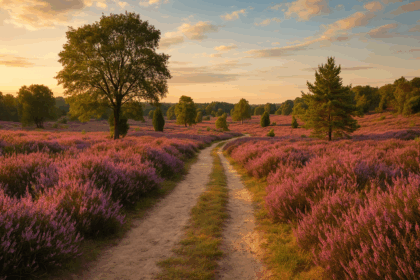 Weite Heidelandschaft mit violetter Blüte und sandigem Wanderweg unter blauem Himmel in der Lüneburger Heide