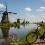Typisch holländische Landschaft mit Windmühlen, grünen Wiesen und blauem Himmel an einem sonnigen Tag