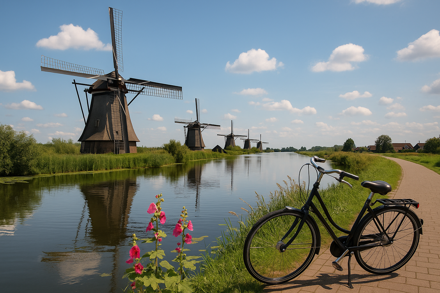 Typisch holländische Landschaft mit Windmühlen, grünen Wiesen und blauem Himmel an einem sonnigen Tag