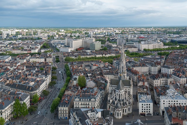 Panoramaaufnahme von Nantes mit Blick auf die Innenstadt und die Kathedrale, unter bewölktem Himmel