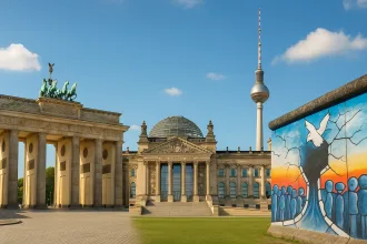 Fotorealistische Collage der Berliner Sehenswürdigkeiten mit Brandenburger Tor, Reichstagsgebäude mit Glaskuppel, Fernsehturm am Alexanderplatz und farbenfrohem Mauerbild der East Side Gallery unter blauem Himmel.