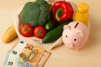 Frisches Gemüse, Brot, Euro-Geldscheine und ein Sparschwein symbolisieren Sparen beim Einkaufen in Holland.