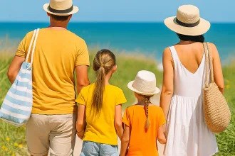 Familie mit zwei Kindern spaziert am Strand in Holland, Fahrräder neben sich, Sonne und Dünen im Hintergrund – perfekter Moment im Familienurlaub.