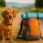 Hund sitzt am Strand neben einem Rucksack und schaut aufs Meer bei Sonnenuntergang, friedliche Urlaubsstimmung, Holland
