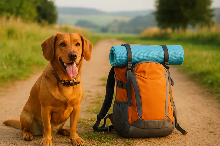 Hund sitzt am Strand neben einem Rucksack und schaut aufs Meer bei Sonnenuntergang, friedliche Urlaubsstimmung, Holland