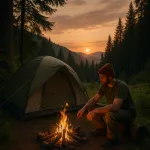 Ein Mann sitzt beim Wildcampen an einem Lagerfeuer vor seinem Zelt inmitten eines Waldes. Die Sonne geht hinter den Bergen unter, während der Himmel in warmen Orange- und Goldtönen leuchtet.
