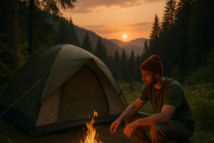 Ein Mann sitzt beim Wildcampen an einem Lagerfeuer vor seinem Zelt inmitten eines Waldes. Die Sonne geht hinter den Bergen unter, während der Himmel in warmen Orange- und Goldtönen leuchtet.