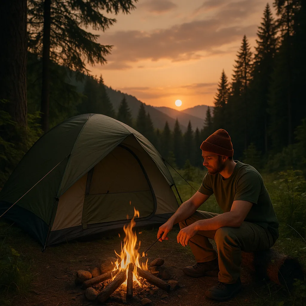 Ein Mann sitzt beim Wildcampen an einem Lagerfeuer vor seinem Zelt inmitten eines Waldes. Die Sonne geht hinter den Bergen unter, während der Himmel in warmen Orange- und Goldtönen leuchtet.