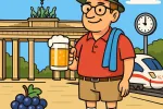 Buntes Comic-Bild eines deutschen Touristen mit Socken in Sandalen, Bierkrug in der Hand und Handtuch über der Schulter vor dem Brandenburger Tor, im Hintergrund ein ICE unter blauem Himmel.