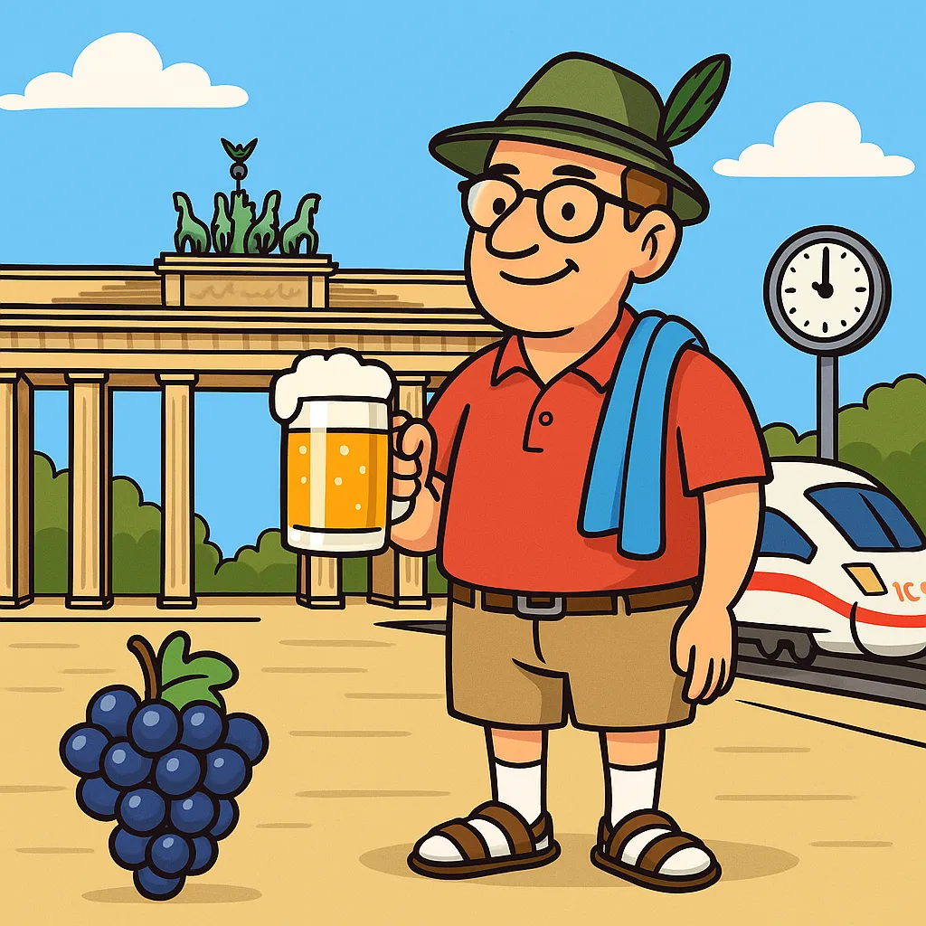 Buntes Comic-Bild eines deutschen Touristen mit Socken in Sandalen, Bierkrug in der Hand und Handtuch über der Schulter vor dem Brandenburger Tor, im Hintergrund ein ICE unter blauem Himmel.