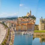 Collage der schönsten Reiseziele in Frankreich mit Eiffelturm in Paris, Promenade des Anglais in Nizza, Hafen von Marseille und Schloss Chambord im Loiretal unter blauem Himmel.