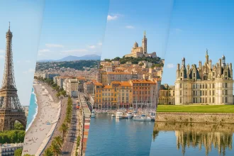 Collage der schönsten Reiseziele in Frankreich mit Eiffelturm in Paris, Promenade des Anglais in Nizza, Hafen von Marseille und Schloss Chambord im Loiretal unter blauem Himmel.