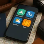 Smartphone mit Navigations- und Übersetzungs-Apps neben einer Sonnenbrille und Reisetagebuch auf einem Holztisch
