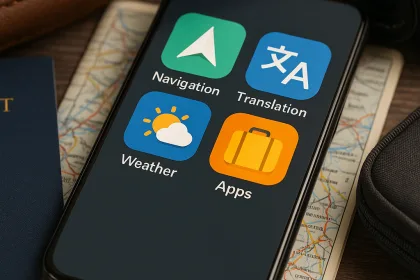 Smartphone mit Navigations- und Übersetzungs-Apps neben einer Sonnenbrille und Reisetagebuch auf einem Holztisch