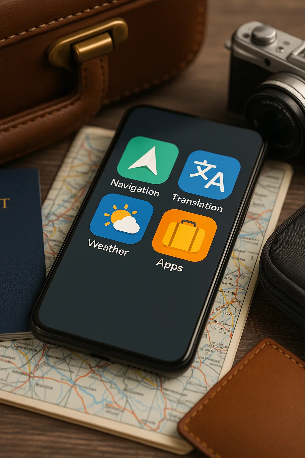 Smartphone mit Navigations- und Übersetzungs-Apps neben einer Sonnenbrille und Reisetagebuch auf einem Holztisch