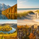 Fotorealistische Collage mit bunten Herbstwäldern in Bayern, goldenen Weinbergen an der Mosel, Sandsteinfelsen der Sächsischen Schweiz und Dünen an der Nordsee im warmen Sonnenlicht.