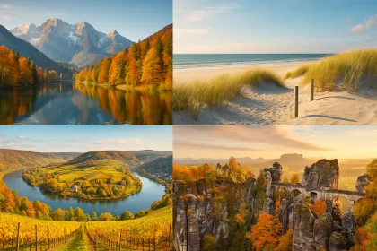 Fotorealistische Collage mit bunten Herbstwäldern in Bayern, goldenen Weinbergen an der Mosel, Sandsteinfelsen der Sächsischen Schweiz und Dünen an der Nordsee im warmen Sonnenlicht.