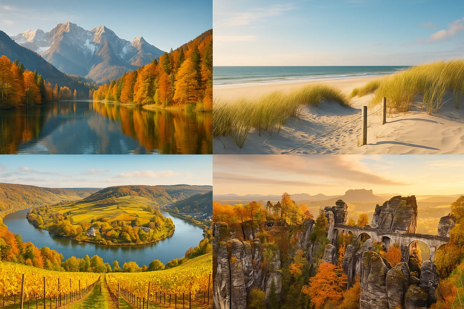 Fotorealistische Collage mit bunten Herbstwäldern in Bayern, goldenen Weinbergen an der Mosel, Sandsteinfelsen der Sächsischen Schweiz und Dünen an der Nordsee im warmen Sonnenlicht.