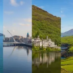 Fotorealistische Collage der bekanntesten Sehenswürdigkeiten Irlands mit den Cliffs of Moher, der Skyline von Dublin mit Ha’penny Bridge, der Kylemore Abbey und den grünen Hügeln von Connemara unter blauem Himmel.