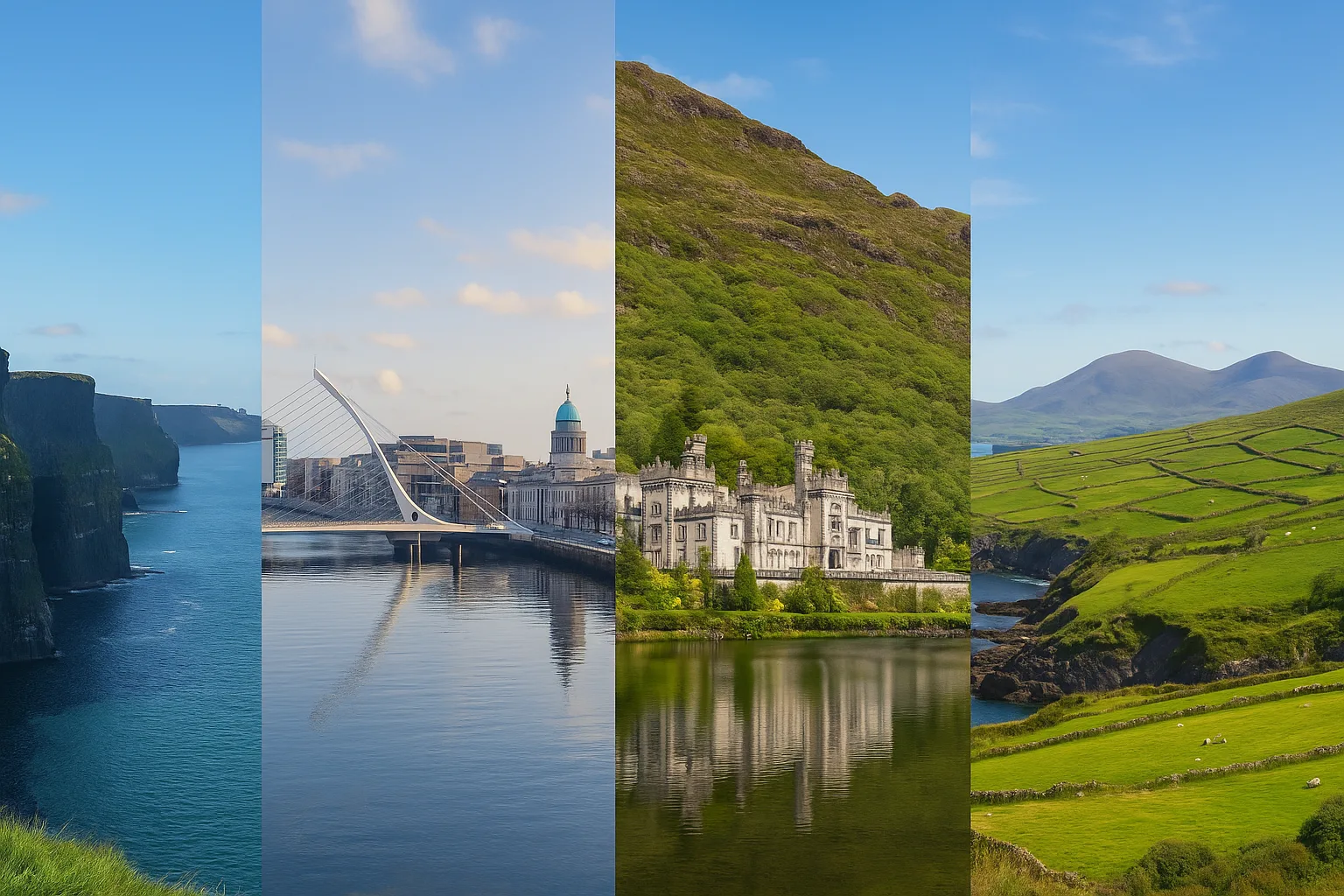 Fotorealistische Collage der bekanntesten Sehenswürdigkeiten Irlands mit den Cliffs of Moher, der Skyline von Dublin mit Ha’penny Bridge, der Kylemore Abbey und den grünen Hügeln von Connemara unter blauem Himmel.