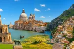 Fotorealistische Collage der schönsten Reiseziele Italiens mit dem Kolosseum in Rom, den Kanälen von Venedig, den Weinbergen der Toskana und der Amalfiküste mit bunten Häusern an steilen Felsen unter blauem Himmel.