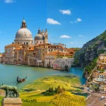 Fotorealistische Collage der schönsten Reiseziele Italiens mit dem Kolosseum in Rom, den Kanälen von Venedig, den Weinbergen der Toskana und der Amalfiküste mit bunten Häusern an steilen Felsen unter blauem Himmel.