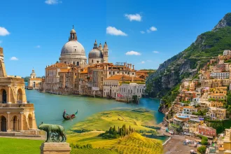 Fotorealistische Collage der schönsten Reiseziele Italiens mit dem Kolosseum in Rom, den Kanälen von Venedig, den Weinbergen der Toskana und der Amalfiküste mit bunten Häusern an steilen Felsen unter blauem Himmel.