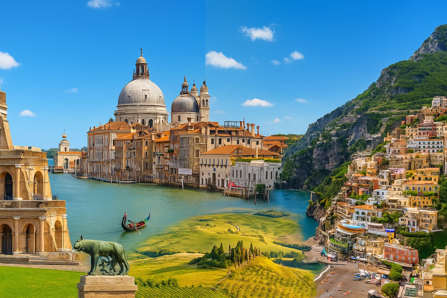 Fotorealistische Collage der schönsten Reiseziele Italiens mit dem Kolosseum in Rom, den Kanälen von Venedig, den Weinbergen der Toskana und der Amalfiküste mit bunten Häusern an steilen Felsen unter blauem Himmel.