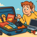 Illustration eines Reisenden, der ratlos vor einem offenen Koffer sitzt, in dem Kleidung, Kamera, Laptop, Flip-Flops und Snacks liegen.