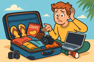 Illustration eines Reisenden, der ratlos vor einem offenen Koffer sitzt, in dem Kleidung, Kamera, Laptop, Flip-Flops und Snacks liegen.