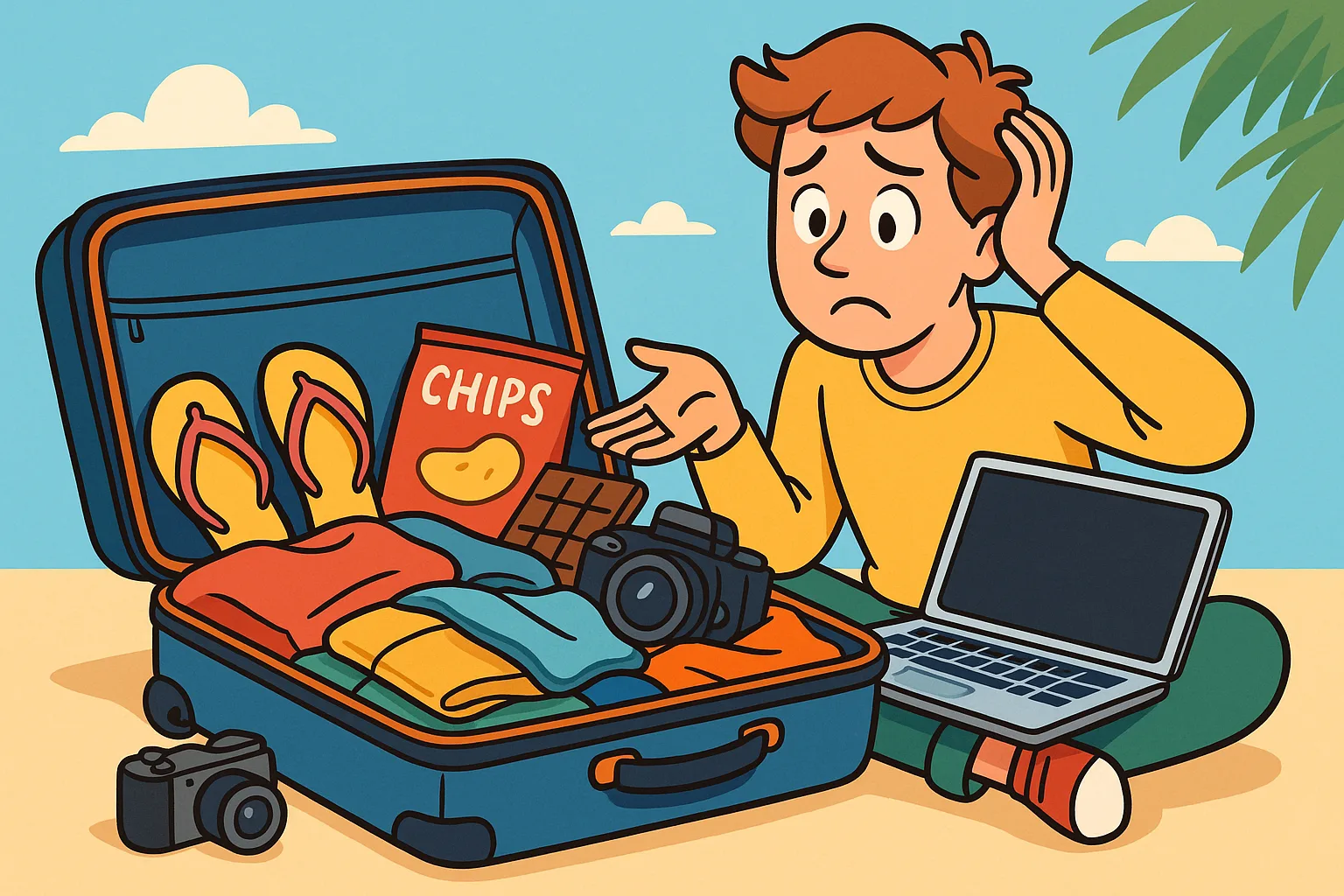 Illustration eines Reisenden, der ratlos vor einem offenen Koffer sitzt, in dem Kleidung, Kamera, Laptop, Flip-Flops und Snacks liegen.