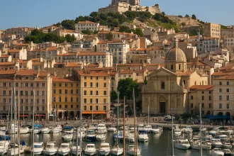 Panoramablick auf den alten Hafen von Marseille mit Segelbooten und historischer Architektur