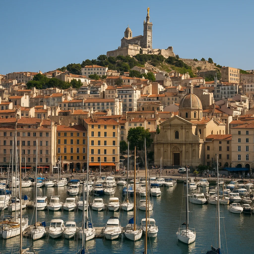 Panoramablick auf den alten Hafen von Marseille mit Segelbooten und historischer Architektur