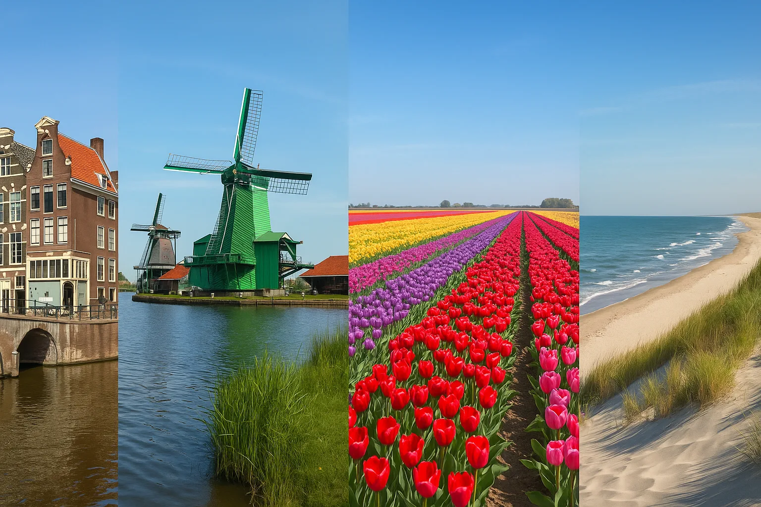 Fotorealistische Collage der schönsten Reiseziele der Niederlande mit Amsterdamer Grachtenhäusern, den Windmühlen von Zaanse Schans, bunten Tulpenfeldern und der Nordseeküste bei Scheveningen unter blauem Himmel.