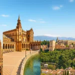 Fotorealistische Collage der schönsten Reiseziele Spaniens mit der Sagrada Família in Barcelona, der Plaza de España in Sevilla, der Alhambra in Granada und der Mittelmeerküste von Mallorca unter blauem Himmel.